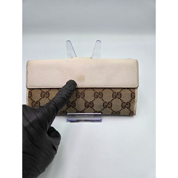 Gucci GG Canvas Heart Clasp Bifold Wallet Beige Brown‎ Designer Women's - Picture 11 of 12